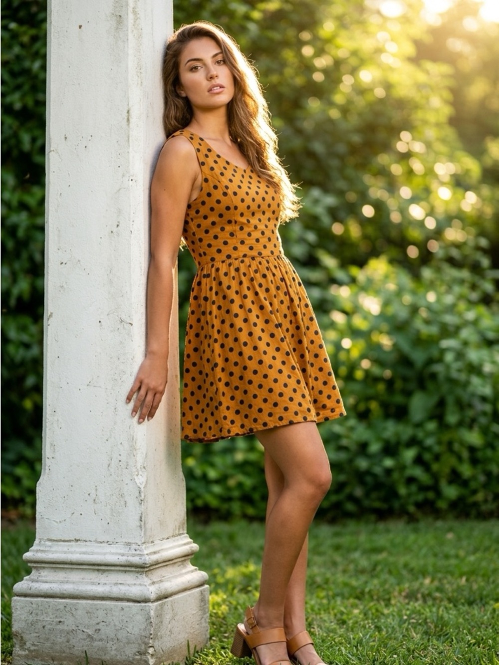 Tulip B Polka Dot Midi Dress in Mustard with Navy Dots
